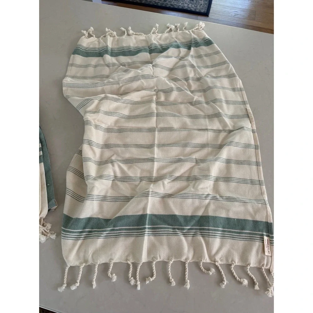 TerraKlay‎ Home Sage Green Cream Striped Cotton Hand Towel Set Fringe India